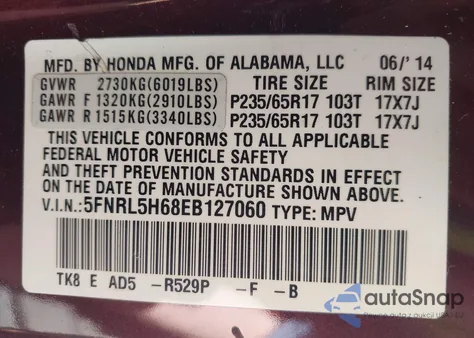 2014 Honda Odyssey Ex-L z USA, uszkodzony, nr VIN 5FNRL5H68EB127060
